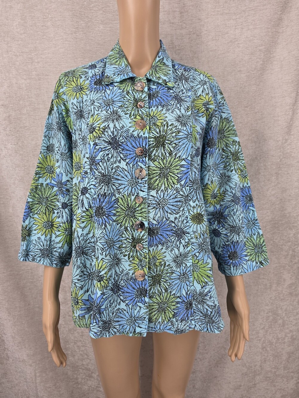Color Me Cotton Blue Sunflower Print Button Up Trapezoid Top Lightweight Jacket